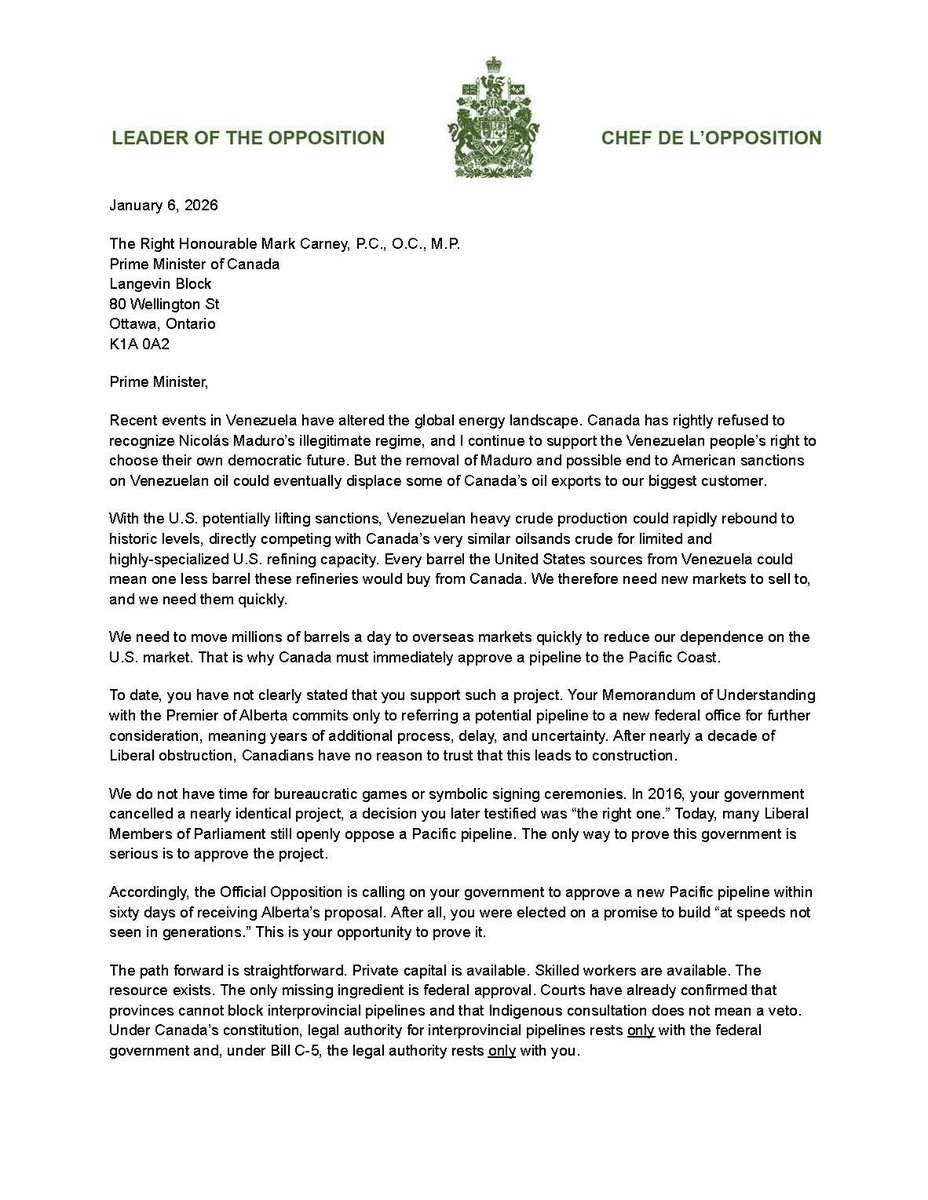 PierrePoilievre's tweet image. Change in oil-rich Venezuela means Canada must race to approve a pipeline to the Pacific Coast and move millions of barrels of Canadian oil per day overseas to break our dependence on one customer. 
 
Read my plan in a letter to the Prime Minister.