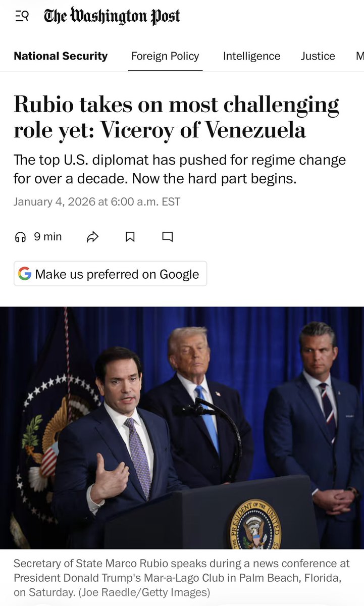 华盛顿邮报用了一个非常具有讽刺意味的标题来形容卢比奥：《Rubio takes on most challenging role yet:  Viceroy of Venezuela》（鲁比奥迎来迄今最具挑战性的角色：“委内瑞拉总督”）  “Viceroy（总督）”是殖民帝国时代的用语，含义是宗主国任命的“代行统治者”。非常具有 ...