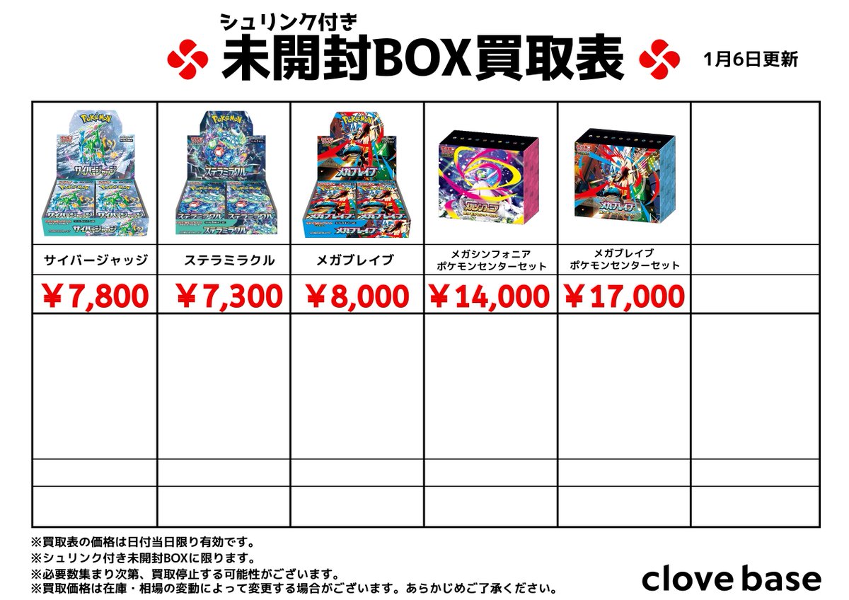 ⭐️シュリンク付き未開封BOX買取表 ⭐️ 《買取表に載っている