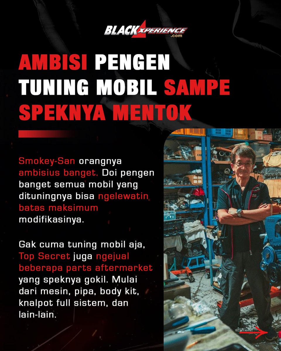 blackxperience's tweet image. Paman Smokey ini emang doyan banget sama mobil yang performanya top! 🚗💨

Nah bagaimana sih cerita awalnya Smokey-san bikin Top Secret?? 🔒🔧

Gas langsung cek slidenya aja ya! 🔥🔥

#BlackXperience #CarMods #CarEnthusiasts #TopSecret #SmokeyNagata