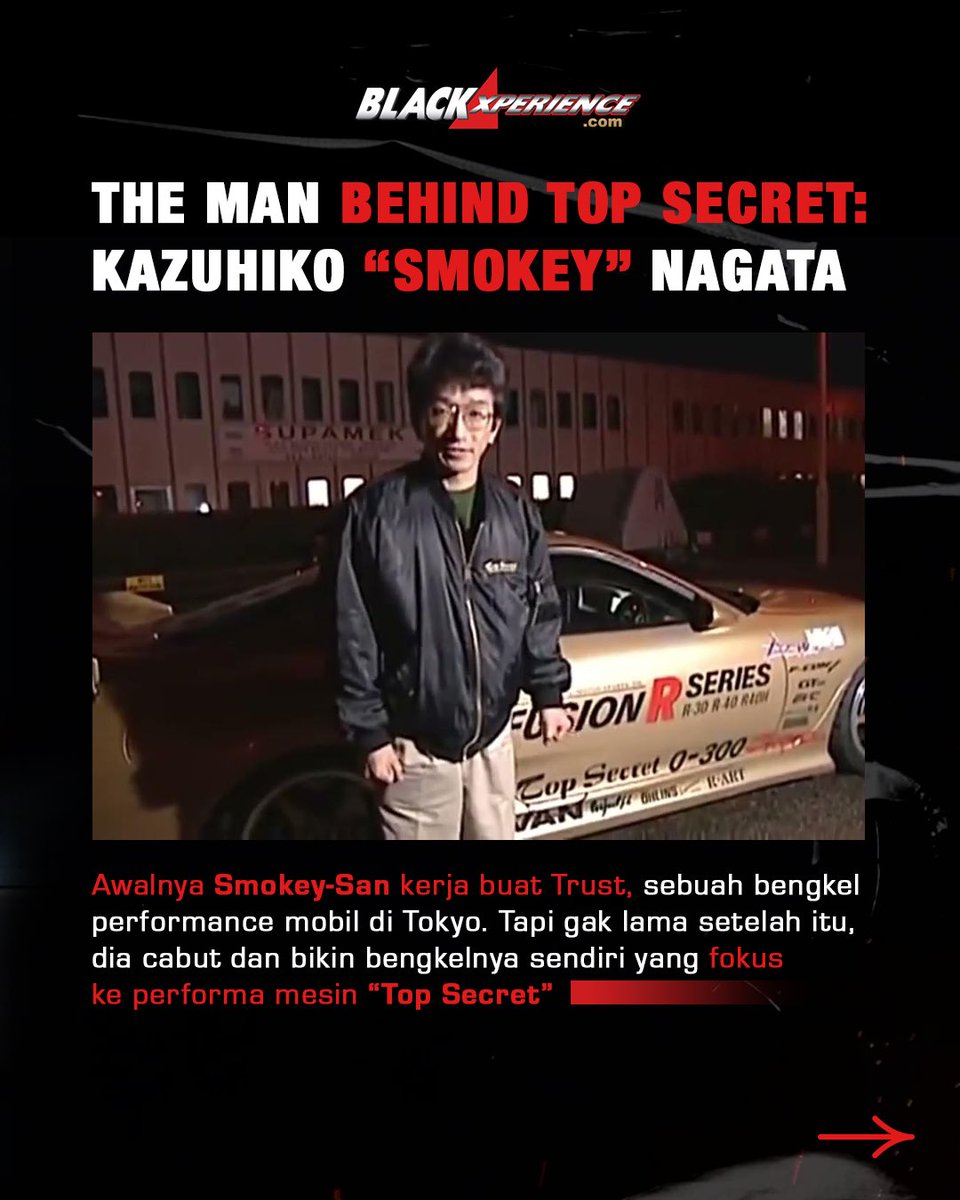 blackxperience's tweet image. Paman Smokey ini emang doyan banget sama mobil yang performanya top! 🚗💨

Nah bagaimana sih cerita awalnya Smokey-san bikin Top Secret?? 🔒🔧

Gas langsung cek slidenya aja ya! 🔥🔥

#BlackXperience #CarMods #CarEnthusiasts #TopSecret #SmokeyNagata