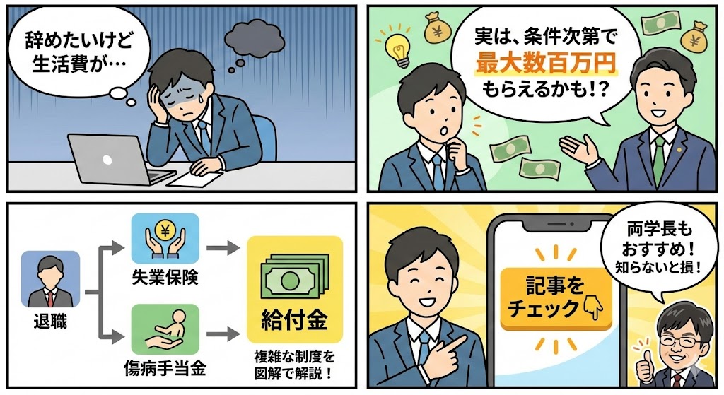 hiro_4530's tweet photo. 【退職後のお金、損していませんか？💸】

「辞めたいけど生活費が…」と悩んでいる方必見！
実は、条件次第で失業保険や傷病手当金などを合わせて数百万円相当の給付を受け取れる可能性があります。

知らないと大損する「もらえるお金」の話、まずは記事をチェック！
https://t.co/fhxSZLKpGQ https://t.co/Y4c1eXE3U9