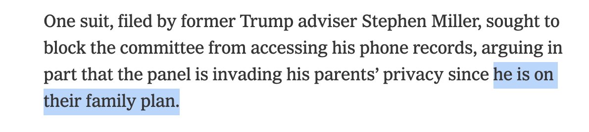 PaulaChertok's tweet image. Fun fact: Stephen Miller is still on his parents' phone plan.

At least he was in 2022, when he tried to get out of testifying before the January 6 Committee. nytimes.com/2022/03/09/us/…