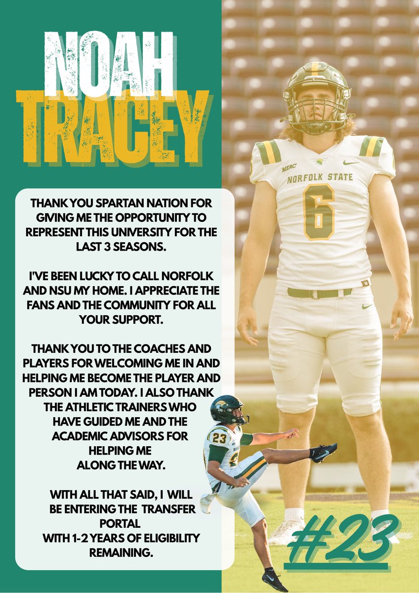 NoahTracey6's tweet photo. Forever grateful for Norfolk State and Spartan Nation. Thank you to the coaches, teammates, staff, and community for the last 3 seasons. With that, I’ll be entering the transfer portal with 1-2 years of eligibility remaining. Ready for what’s next.

#norfolkstatefootball #spartannation #transferportal