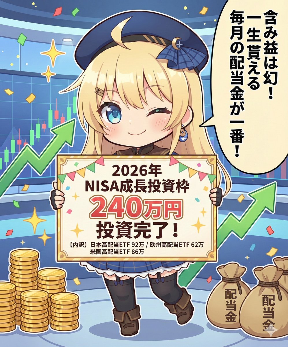 2026年分のNISA成長投資枠、投資完了しました。 将来的にFIREも視野に入れているので、 配当重視ですべて高配当ETF(日本、欧州、米国)を選択。  この先ずっと12ヶ月毎月配当金が入ってくる形です。 積み立て枠は高配当系が無いので全額オルカンです。 #しえなの投資
