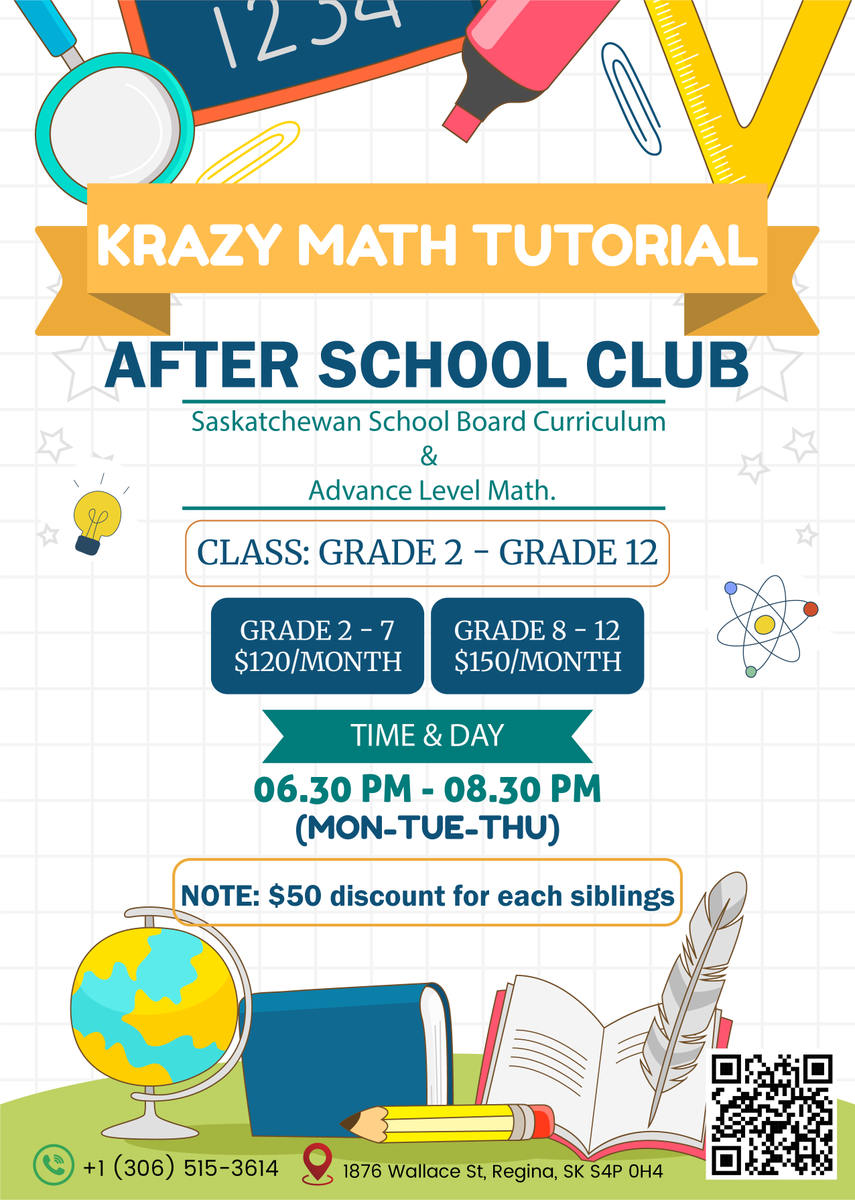 DarulFalah2022's tweet photo. 📷 Krazy Math Tutorial – After School Club!
Looking for extra support in Math? We follow the Saskatchewan School Board Curriculum along with Advanced Level Math
Register Now: https://t.co/w7snDF7NUM
#KrazyMathTutorial #AfterSchoolClub #MathSupport #EnrollNow https://t.co/YiAdyu8XkT