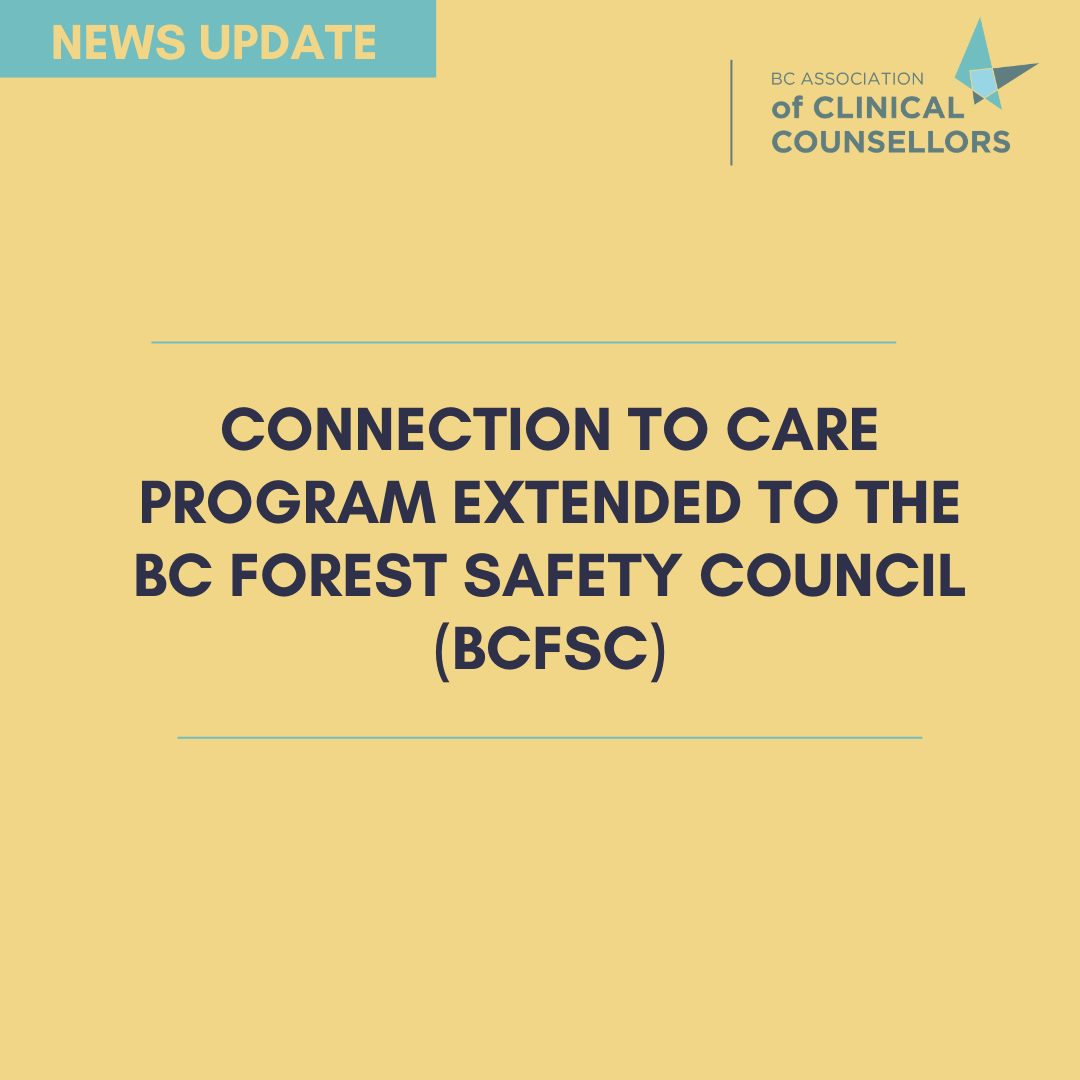 bccounsellors's tweet photo. NEWS UPDATE: BCACC and BCMSA joint mental wellness initiative, 'Connection to Care' expanded to include the BC Forest Safety Council (BCFSC)

Full press release - https://t.co/uUm7DMxdHi 

#BCACC #MentalHealth #Therapy #Psychotherapy #ClinicalCounselling https://t.co/fUUjQ2Sv1D