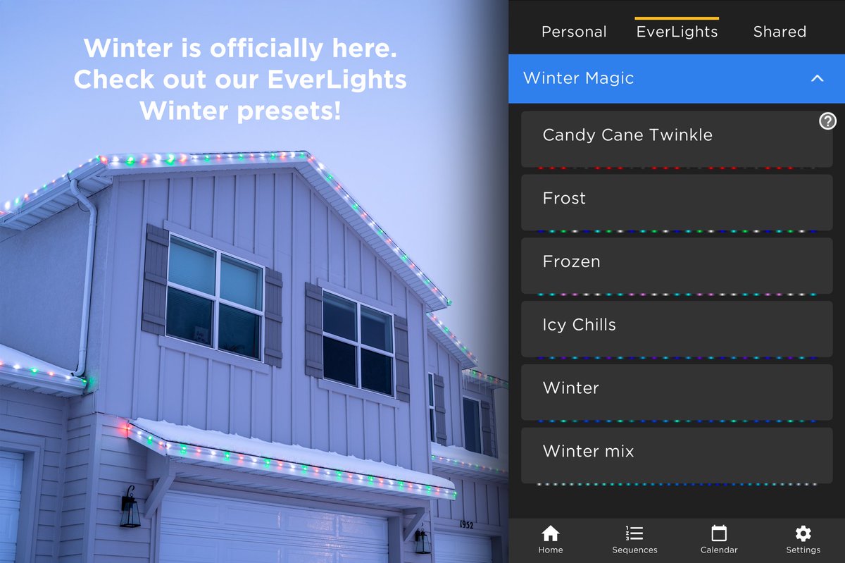 MyEverLights's tweet photo. Winter nights deserve a little extra glow. ❄️✨

Explore the EverLights Winter presets and set the mood with colors and patterns made for the season, all controlled right from your phone!

It’s only tap away! https://t.co/eE9DJIgZAz