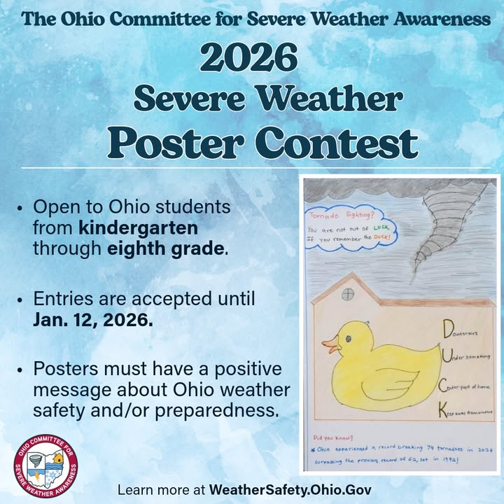 The Ohio Committee for Severe Weather Awareness 2026 Poster Contest closes next Monday, Jan.12! Learn more by visiting: bit.ly/3OdqaOk
