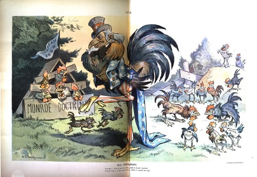 ClaudioJFuentes's tweet photo. #Historia: La doctrina Monroe de Estados Unidos (#EEUU), #Paraguay representado como el pollito que está entre El Salvador y Nicaragua, ver detalle.

FUENTE: Puck, Nueva York: 9 de octubre de 1901, Vol. L, N.º 1.284. https://t.co/ug2ssH3hQv