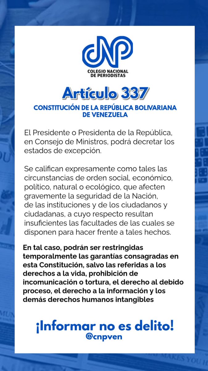 #Urgente <a href="/RELE_CIDH/">Relatoría Especial p/la Libertad Expresión (CIDH)</a> Respaldamos #denuncia #5Enero del <a href="/sntpvenezuela/">SNTP</a> sobre 14 #periodistas #corresponsales hoy detenidos arbitrariamente, 12 liberados,
en flagrante violación de Tratados Internacionales ratificados por #Venezuela y Arts: 22, 44, 57, 58, especialmente el 337 CNB