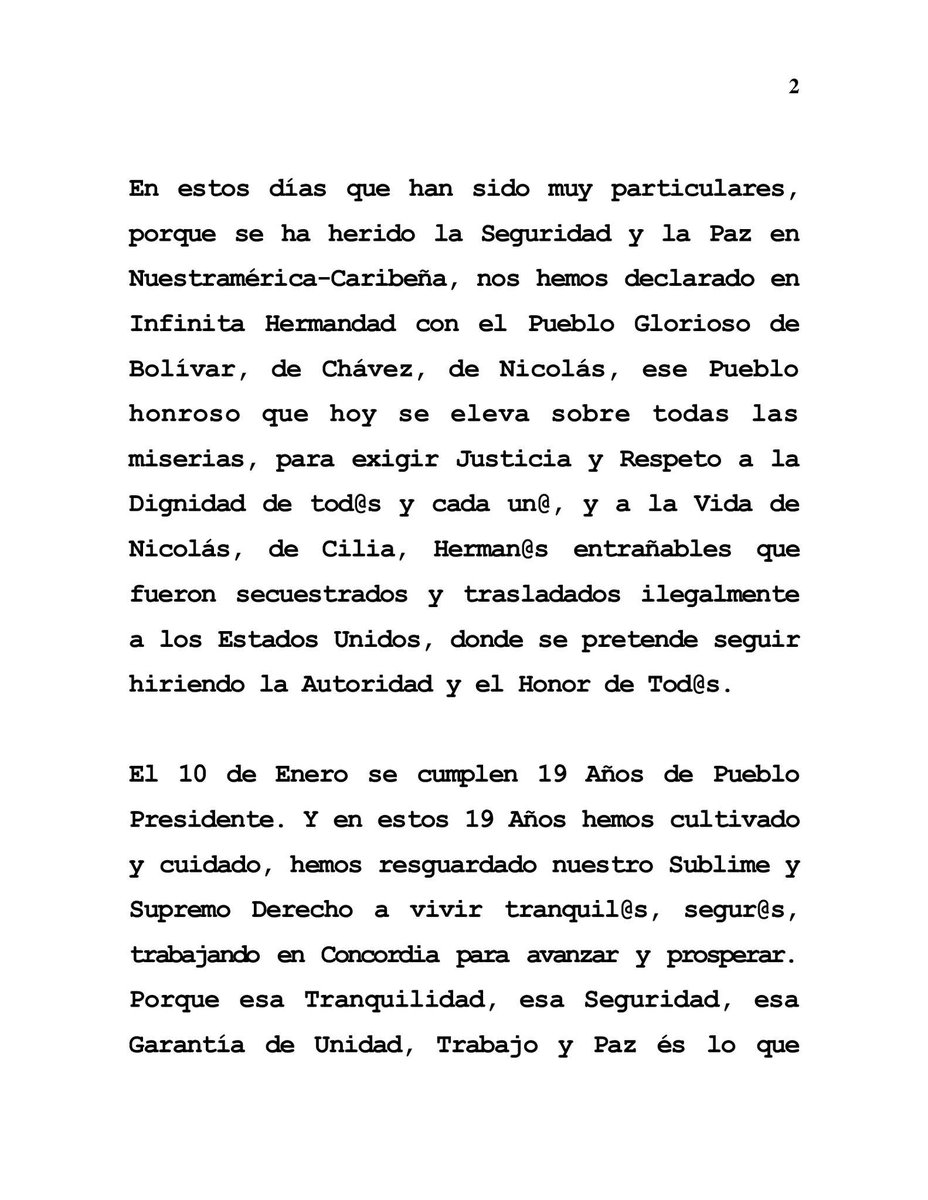 ELPERRO4019's tweet photo. 🔴📄✍️ Palabras Iniciales Compañera Rosario 
Declaraciones de hoy Lunes 5 de Enero 2026 : Nicaragua Triunfa en Paz y Unidad, 19/Pueblo Presidente. #Nicaragua 🇳🇮✨ #UnidosEnVictorias https://t.co/uzXajlmLHs