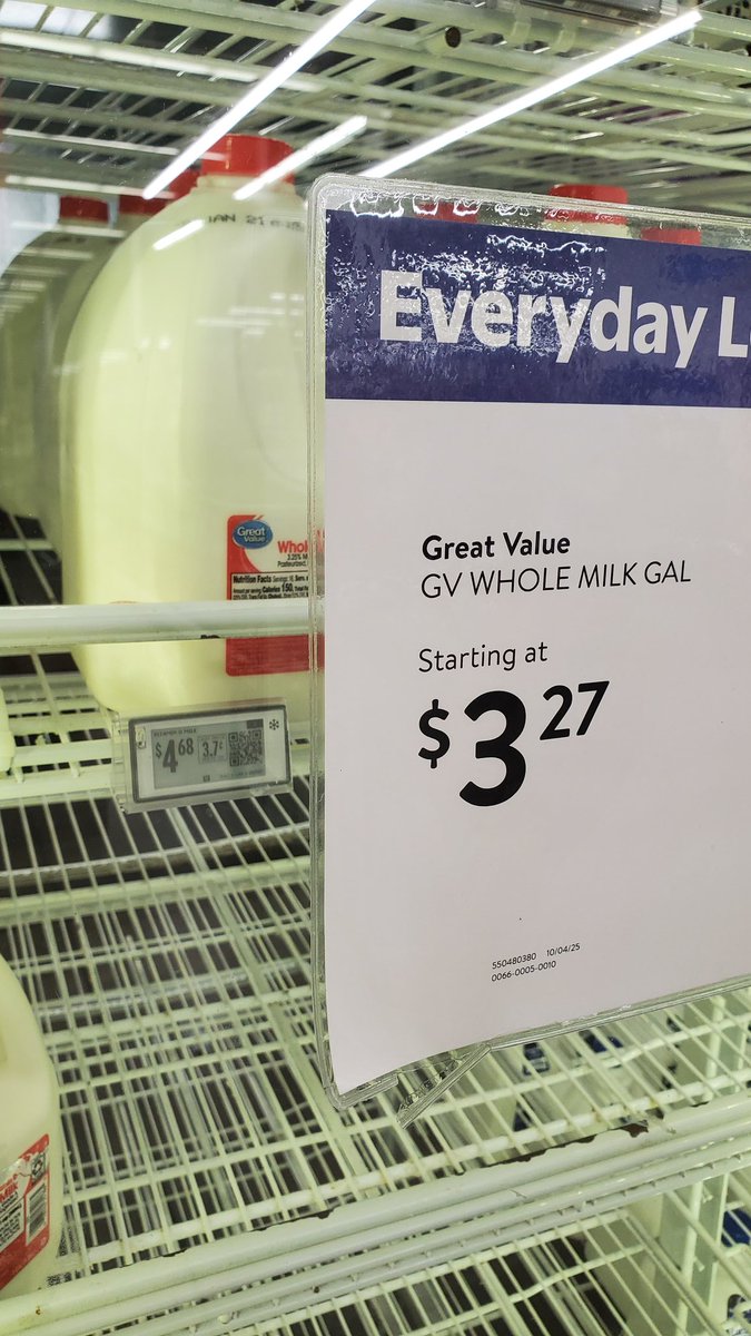 CVABuck's tweet image. My local @walmart just rolled out digital surge pricing. Milk "starting at $3.27," currently $4.68. @VaHouse @SpanbergerForVA @VAHouseDems @jonesjay it's not too late to address this shit instead of wasting resources going after peaceable gun owners this session. @BuddyFowlerVA