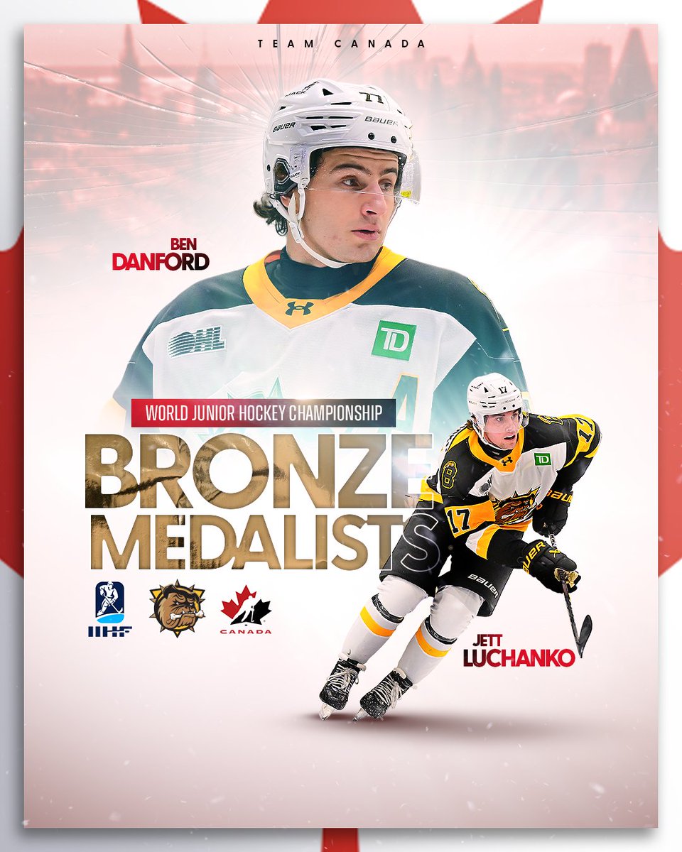 BulldogsOHL's tweet image. CANADA WINS BRONZE 🇨🇦 

Congratulations to Bulldogs Ben Danford and Jett Luchanko on winning bronze with team Canada at the World Juniors! 

#BFD