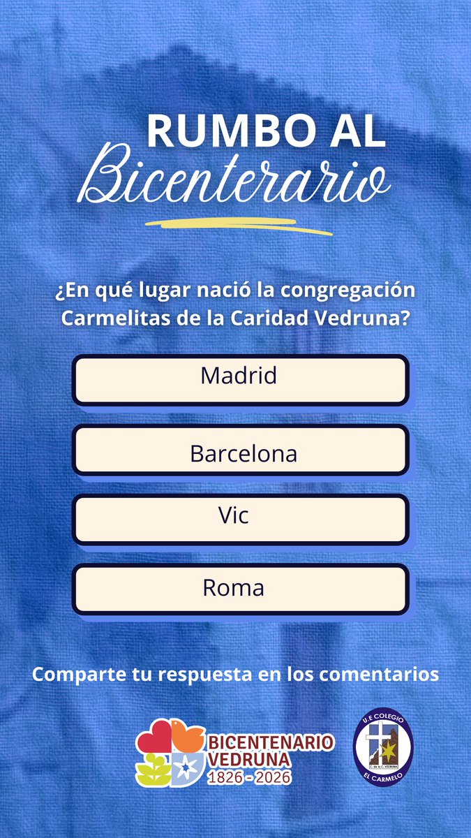 ELCARMELO's tweet photo. ¡Participa en nuestra encuesta y celebremos juntos el bicentenario de la Congregación Carmelitas de la Caridad Vedruna! https://t.co/cLKryBdHqZ