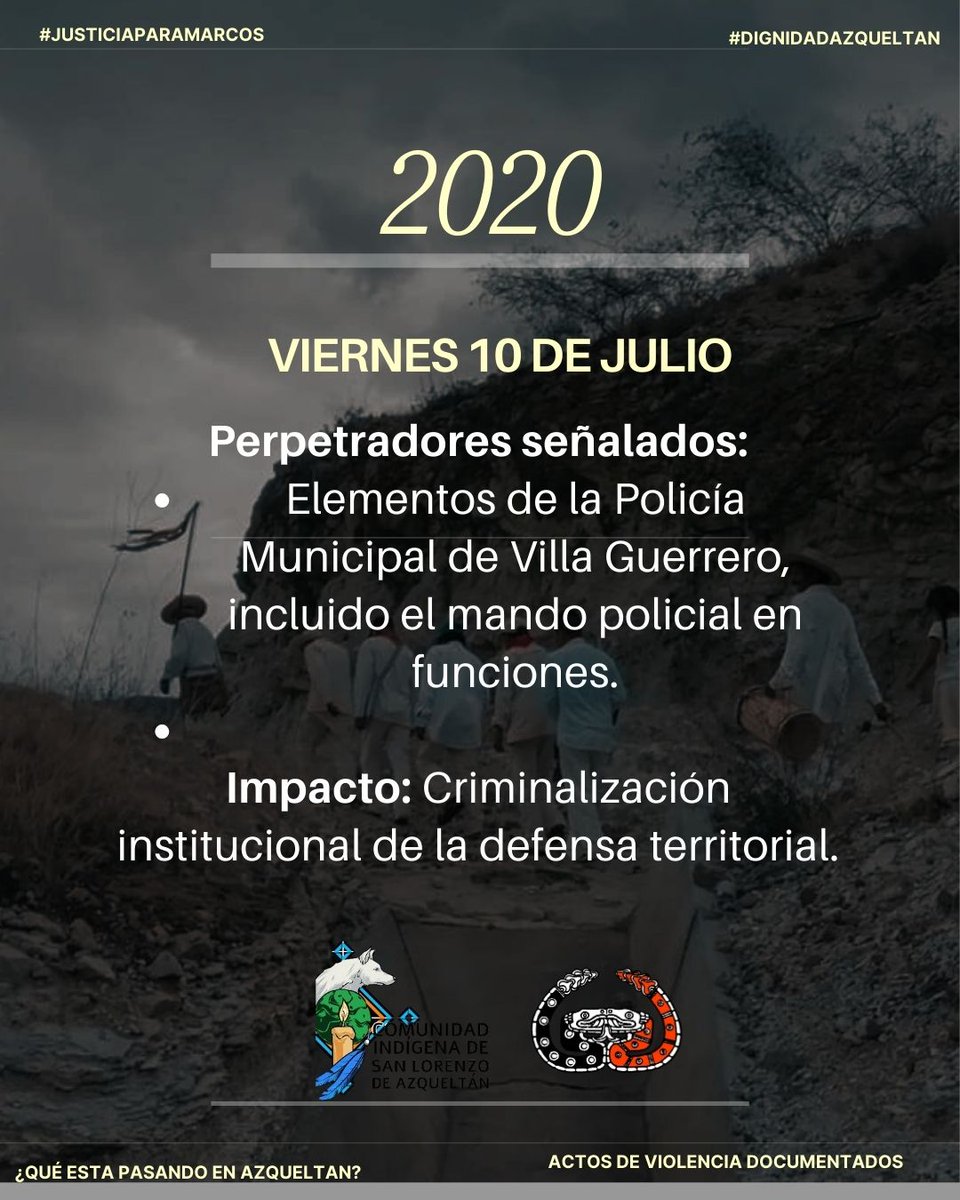 Los hechos violentos registrados en los últimos años no pueden entenderse como episodios aislados. Se inscriben en un conflicto agrario prolongado, sostenido por la falta de reconocimiento pleno y protección efectiva del territorio comunal.
#JusticiaparaMarcos #DignidadAzqueltan