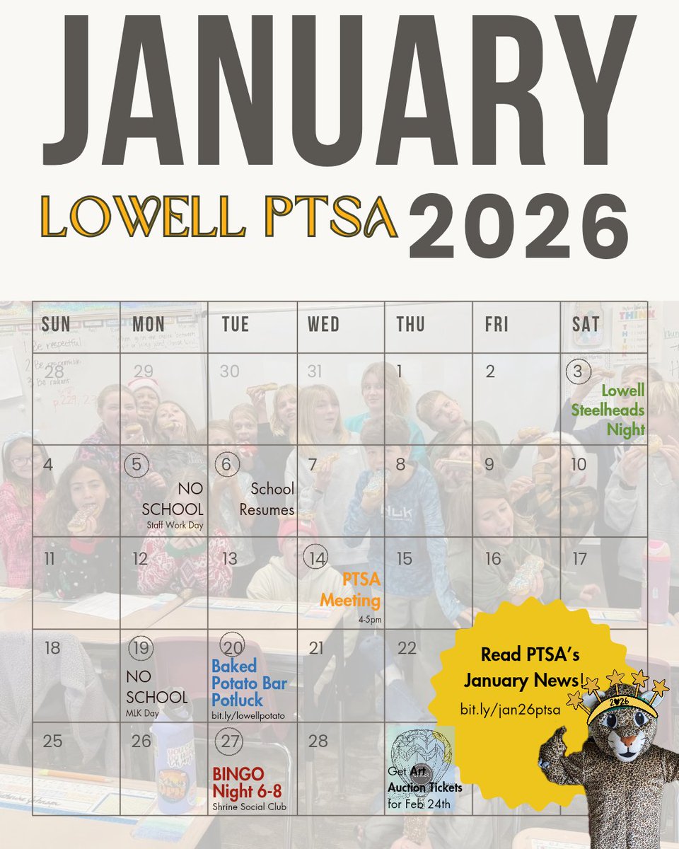 PtsaLowell's tweet photo. 🎉Happy 2026! Please take a moment to read PTSA's January News and take note of any dates events, and sign ups. 

H•I•G•H•L•I•G•H•T•S
🥔1/20 Baked Potato Bar Potluck
🎲1/27 All Ages Bingo night—FREE
🎫2/24 Up Up &amp; Away Art Auction

🔗: https://t.co/0ho4kSS40G https://t.co/mieiUDsOH3