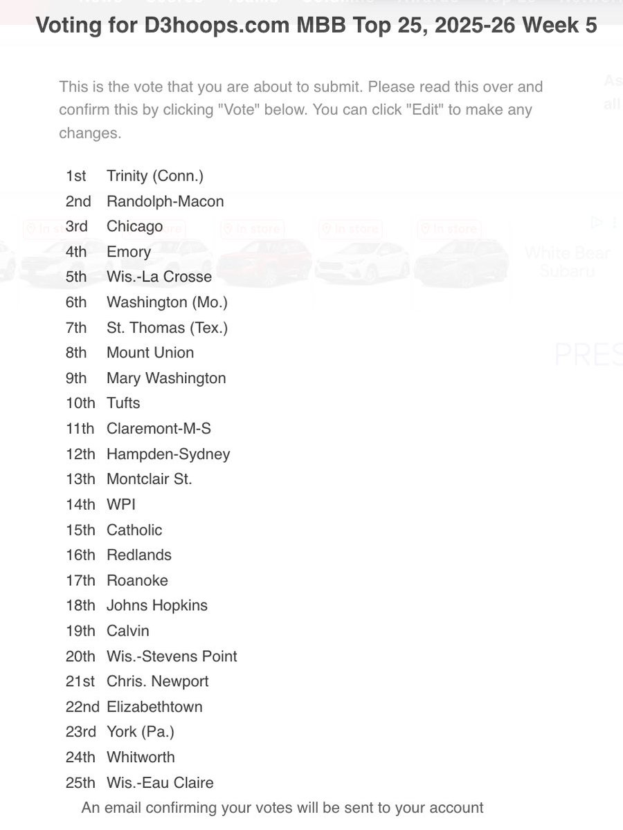 davidnelsonsid's tweet photo. Here is my ballot for the Week 5️⃣ @d3hoops Men’s Top 25 Poll! 
Top 5:
1. Trinity (Conn.) 11-0
2. Randolph-Macon (11-0)
3. Chicago (10-1)
4. Emory (10-1)
5. UW-La Crosse (11-1) https://t.co/RFveEymOZV