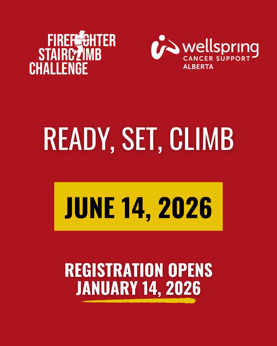 Firefighters, mark your calendars. The Firefighter Stairclimb Challenge returns on June 14, 2026.  Join us to support <a href="/WellspringAB/">Wellspring Alberta</a> and free cancer support programs.

Registration opens January 14!

#YYCStairclimb #ClimbForCancer #WellspringAB #FirefighterStrong