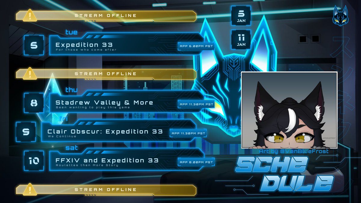 STREAM SCHEDULE THIS WEEK
Expedition 33 will be my main priority lmao

Art by <a href="/VenBlueFrost/">VenVT (FUCK AI ART) Follow my BlueSky</a>
