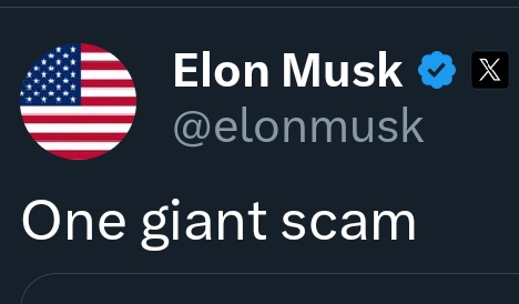 CattardSlim's tweet image. Elon Musk: One giant scam

Full self driving 
$90k while you sleep 
Men on Mars 
1 billion Optimus robots 
Tesla Roadster 
Tunnels to everywhere 
Floating Cybertrucks 
Solar roof tiles
10k rockets a year 
Full bodily function with Neurolink 
DOGE found massive fraud 
And more...