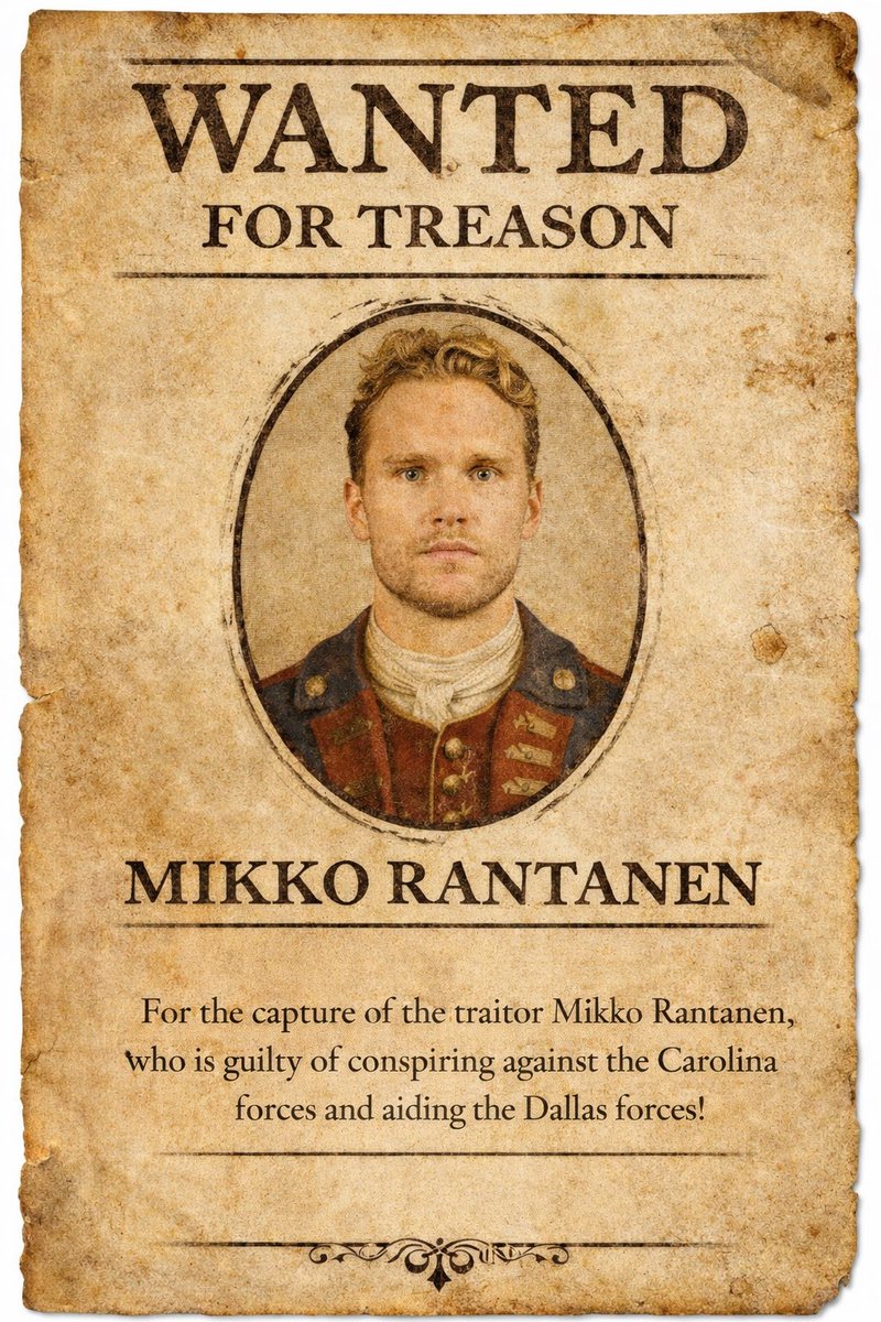 CanesGeneral's tweet image. To the Troops of the Carolina Line and the Good People of Raleigh,

Hearken and attend.

Reliable reports from our scouts and trusted townsmen confirm that the traitor Mikko Rantanen has been sighted in the environs of Raleigh, moving under cover of dusk and in the company of his…
