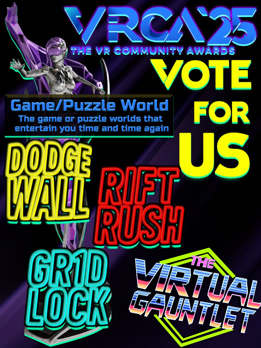 VirtualGauntlet's tweet image. We’ve officially submitted all 3 Virtual Gauntlet games to the VR Community Awards.

Voting is now open.

We hope you’ll consider picking one of our games for the Game/Puzzle World category. 

 vrcommunityawards.com

#vrchat #vrgaming #vtuber