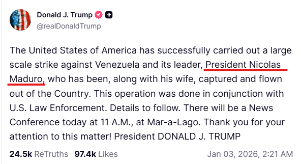 frrodriguezc's tweet photo. If the Justice Department plans to argue that Nicolás Maduro is not protected by head of state immunity, then why did President Trump announce his capture referring to him as "President Maduro" - a designation that the US government had stopped using in 2019? https://t.co/LAZmENL545