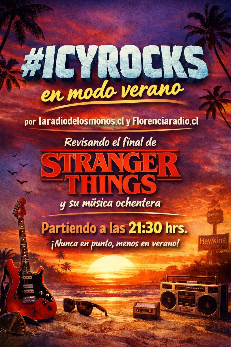 🔥🎸 #ICYROCKS en modo verano
Revisamos el final de #StrangerThings y su música ochentera.
🕤 21:30 hrs. (nunca en punto, menos en verano)
📻 laradiodelosmonos.cl + Florenciaradio.cl
<a href="/MonosCl/">La Radio de Los Monos</a> <a href="/telodamus/">Teniente Telodamus</a> <a href="/omaticaya52/">Carlos Ojeda</a>