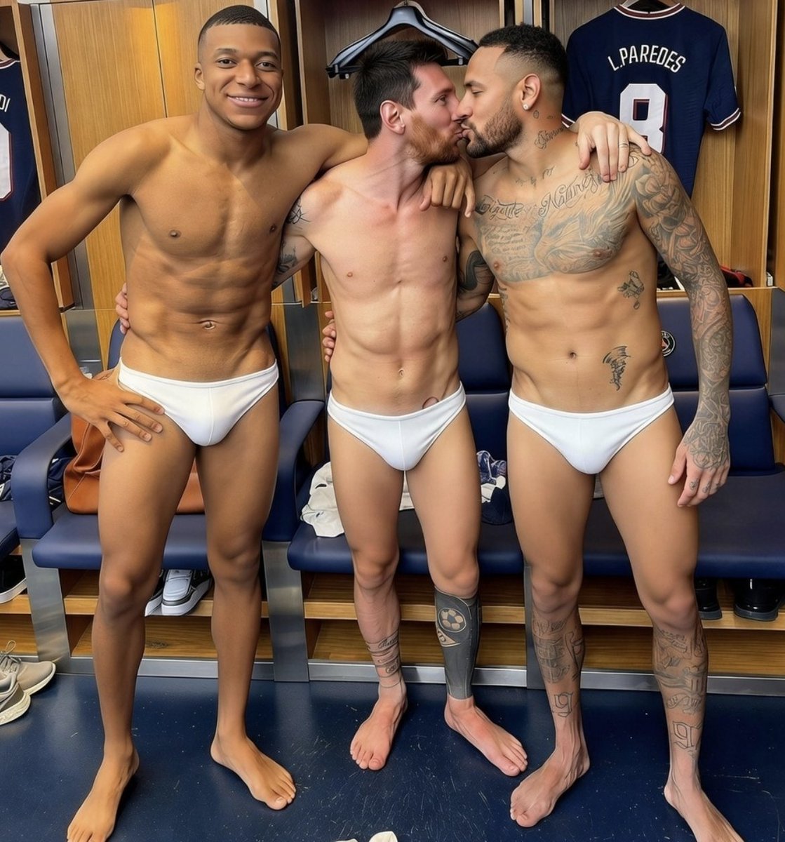 Leo Messi kisses Neymar while Kylian Mbappe holds him🥵