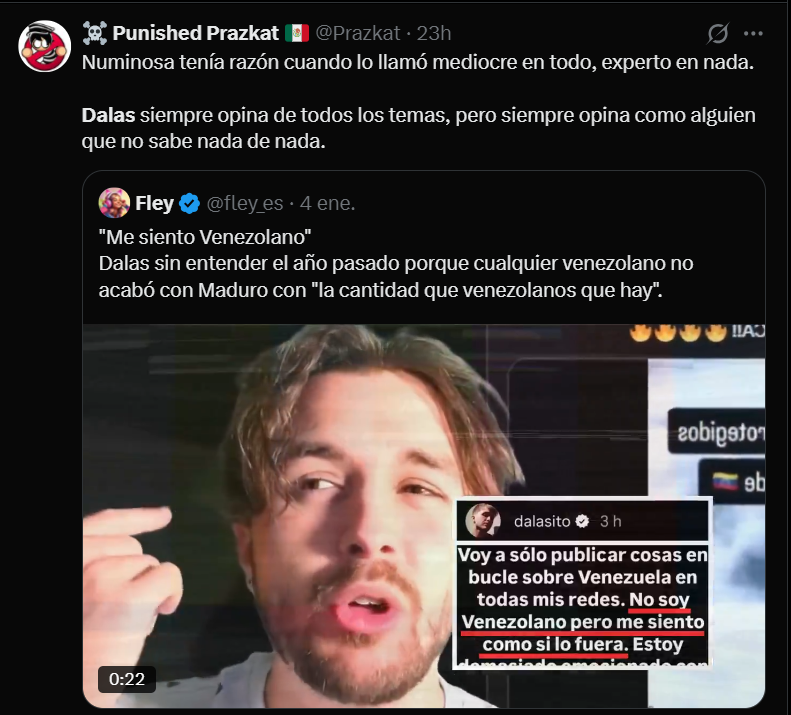 Dalas: *dice lo q todos pensamos sobre Venezuela*
Los parásitos, enfermos mentales, acosadores, inmorales, sabandijas, sanguijuelas de los haters: "Se intenta aprovechar de la situación".
Son R E T R A S A D O S.
