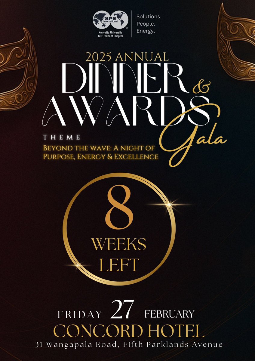 ✨⏳ 8 Weeks to Go ⏳✨

Some nights are just events.
This one becomes a memory.

📅 27th February 2026
🎭 SPE KU SC Annual Dinner &amp; Awards Gala

#BeyondTheWave #8WeeksToGo #SPEKUSC #MasqueradeGala #EnergyOfExcellence
