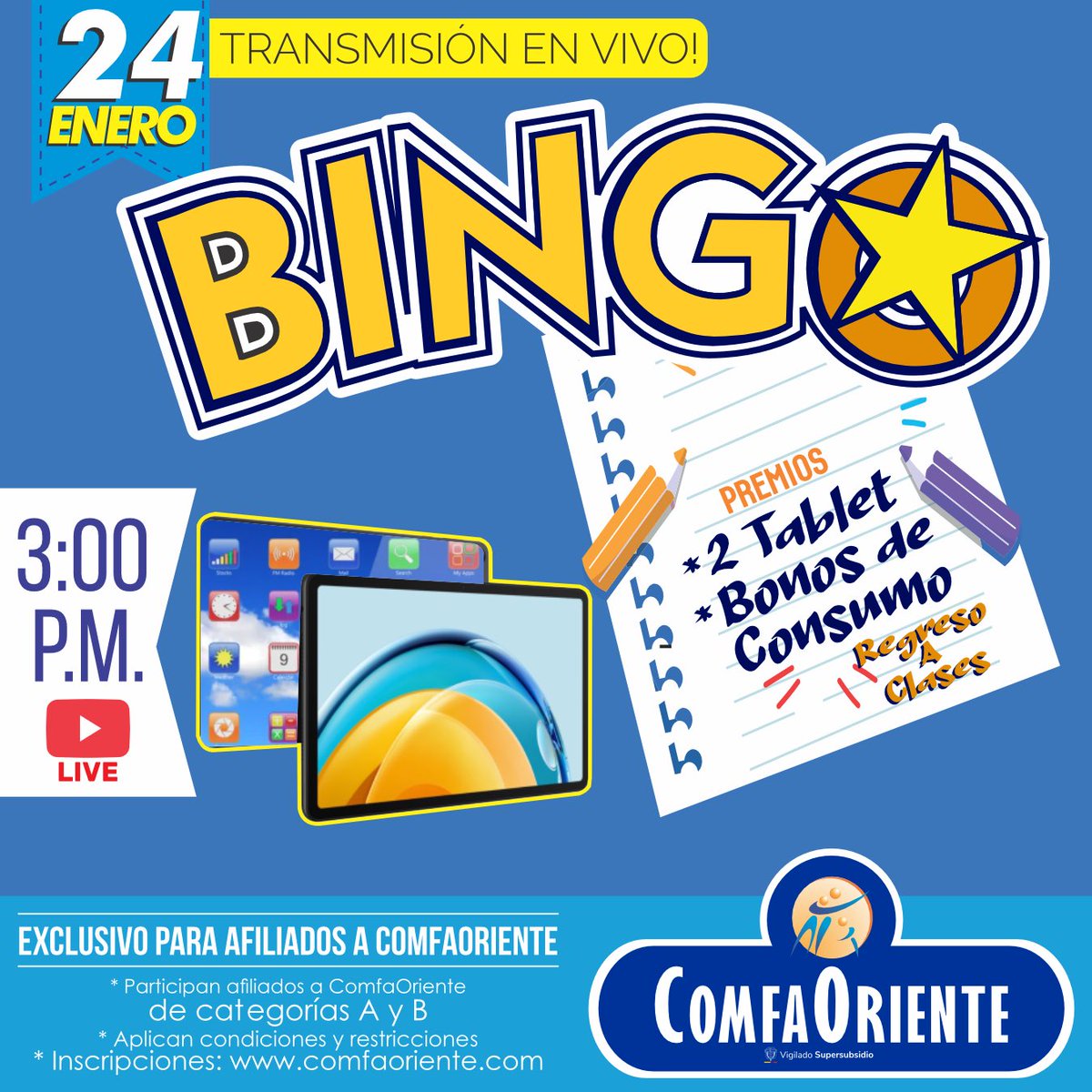 comfaoriente's tweet photo. ✏️ Bingo de regreso a clases ComfaOriente 📚
Inscríbete, participa y gana fabulosos premios 👉🏼 https://t.co/rAXTINVBWe
🗓️ Sábado 24 de Enero de 2026
⏰ 03:00 p.m.
🔗 A través de nuestro canal de YouTube
Somos #ComfaOriente, somos #LaCajaDeLosBeneficios https://t.co/ynASbkz9N1