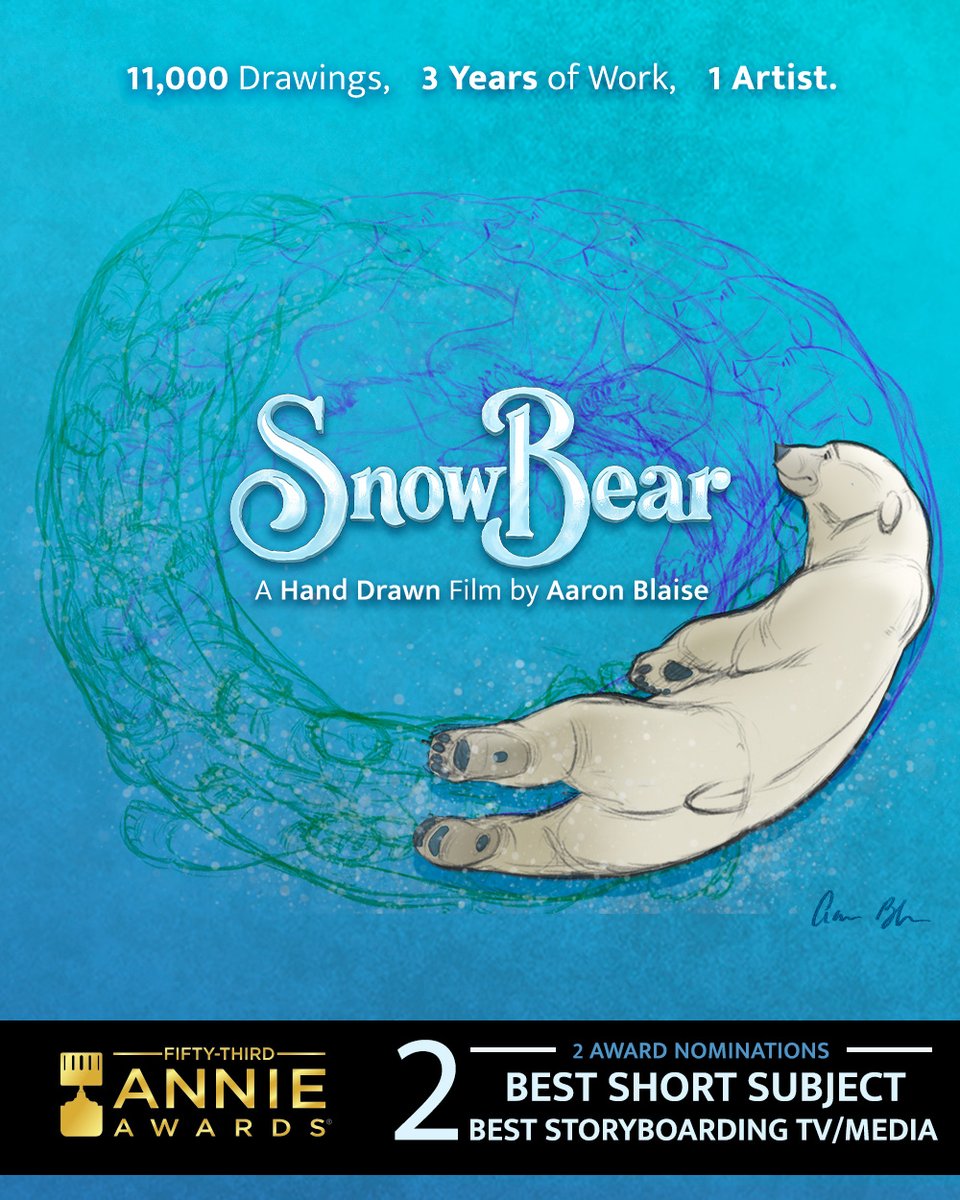 AaronBlaiseArt's tweet image. I am incredibly honored and grateful to share that Snow Bear has received 2 Nominations for the Annie Awards.

I've been nominated for 𝗕𝗲𝘀𝘁 𝗦𝘁𝗼𝗿𝘆𝗯𝗼𝗮𝗿𝗱𝘀 (TV/Media), and Snow Bear has been nominated for 𝗕𝗲𝘀𝘁 𝗔𝗻𝗶𝗺𝗮𝘁𝗲𝗱 𝗦𝗵𝗼𝗿𝘁.

I worked on this film…