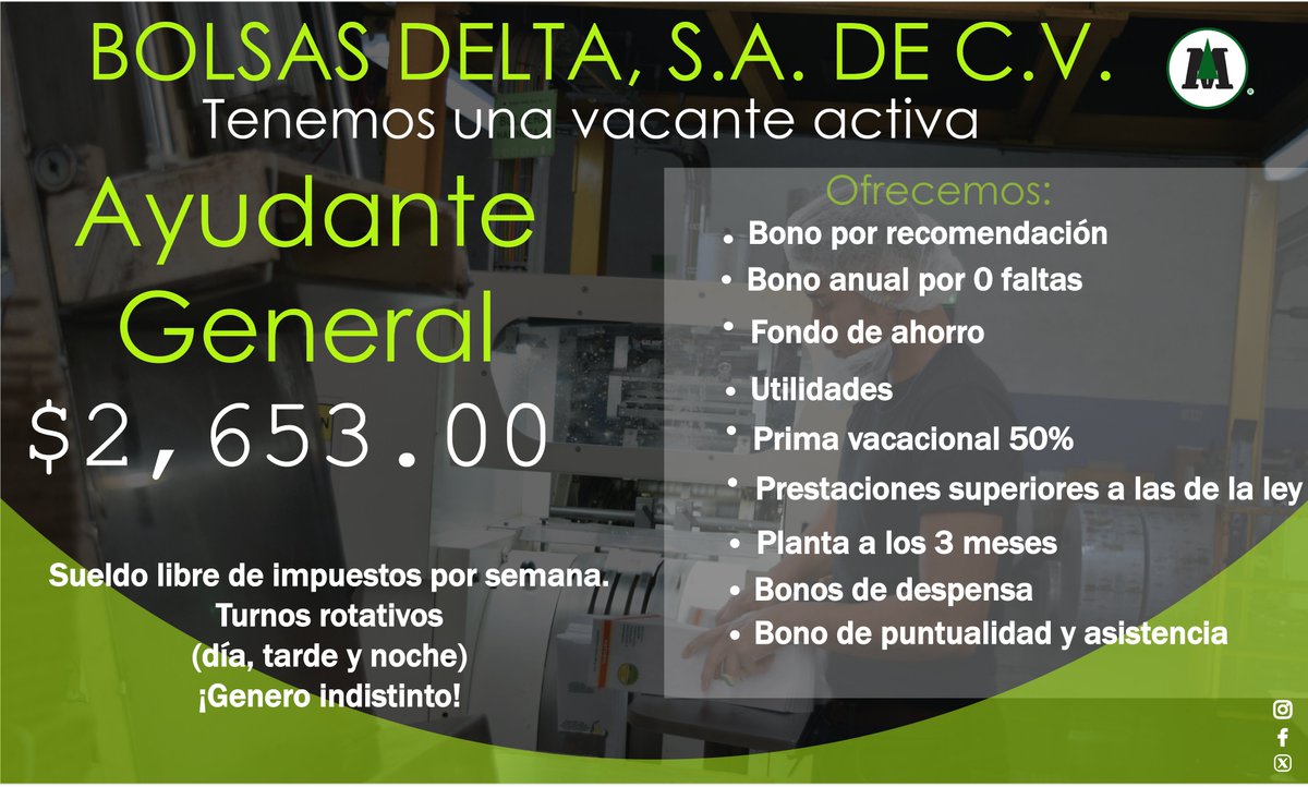 📱 MEDIO DE CONTACTO POR WHATSAPP
wa.me/message/DHOVGU…
Ofrecemos:
💵 Sueldo Libre de impuestos $2,653.00 (Ayudante general)

Av. Alfonso Reyes #3655, Col. Del Norte. C.P. 64500. Monterrey, Nuevo León.
google.com.mx/.../data=!3m1!…...

#BolsasDeltaMty