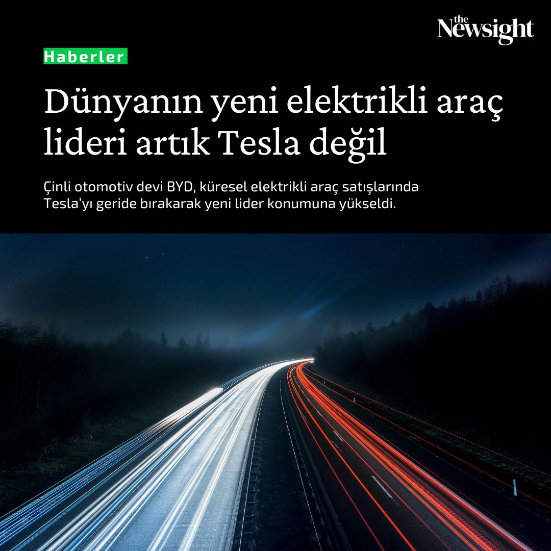 Küresel elektrikli araç liderliği (EV) el değiştirdi.

Çin merkezli #BYD, 2,26 milyon adetlik satışla Tesla’yı geride bırakarak dünyanın en büyük elektrikli araç üreticisi oldu. #Tesla ise üst üste ikinci yıl satış düşüşü yaşadı.

Detaylar için 👇
🔗 thenewsight.com/haberler/dunya…