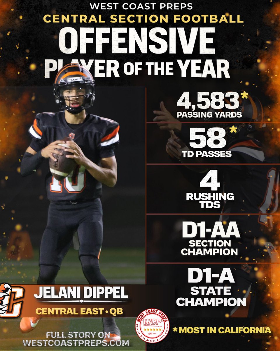 I need my chip with a lil extra Dipp 🔥

<a href="/JelaniDippel/">Jelani Dippel</a> was the maestro behind the most explosive offense in the section. His 4,583 passing yards were the best in Cali and top 5 in the nation

🔗 Full story on the Central Valley OPOY: westcoastpreps.com/central-valley…