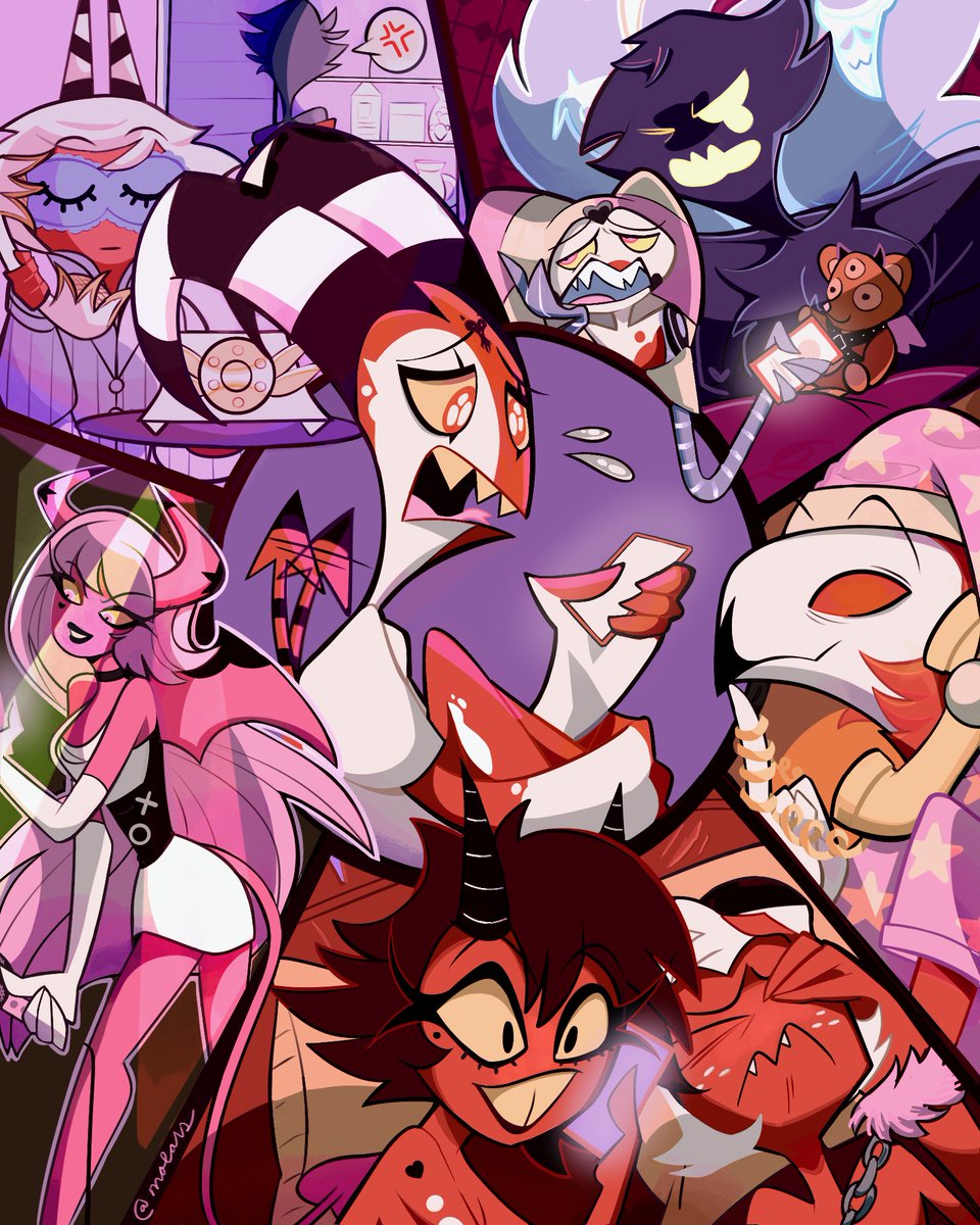 It's Day 2 of #Eggplosian2025! #HelluvaBoss 

Presenting:  "Blitzø, It's 2 AM" ☎️💢by @missmoonkat1 ( @missmoonkat.bsky.social )

I'm grateful to team up with such a kind &amp; talented writer! Thanks for taking inspo from my silly idea❤️

Blitz is in crisis - WHO'S HE GONNA CALL?