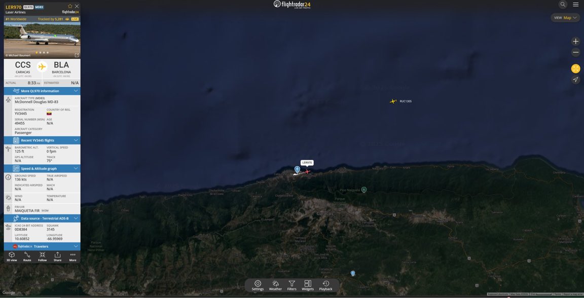 Este avión acaba de salir de Caracas y luego apagó el transpondedor.