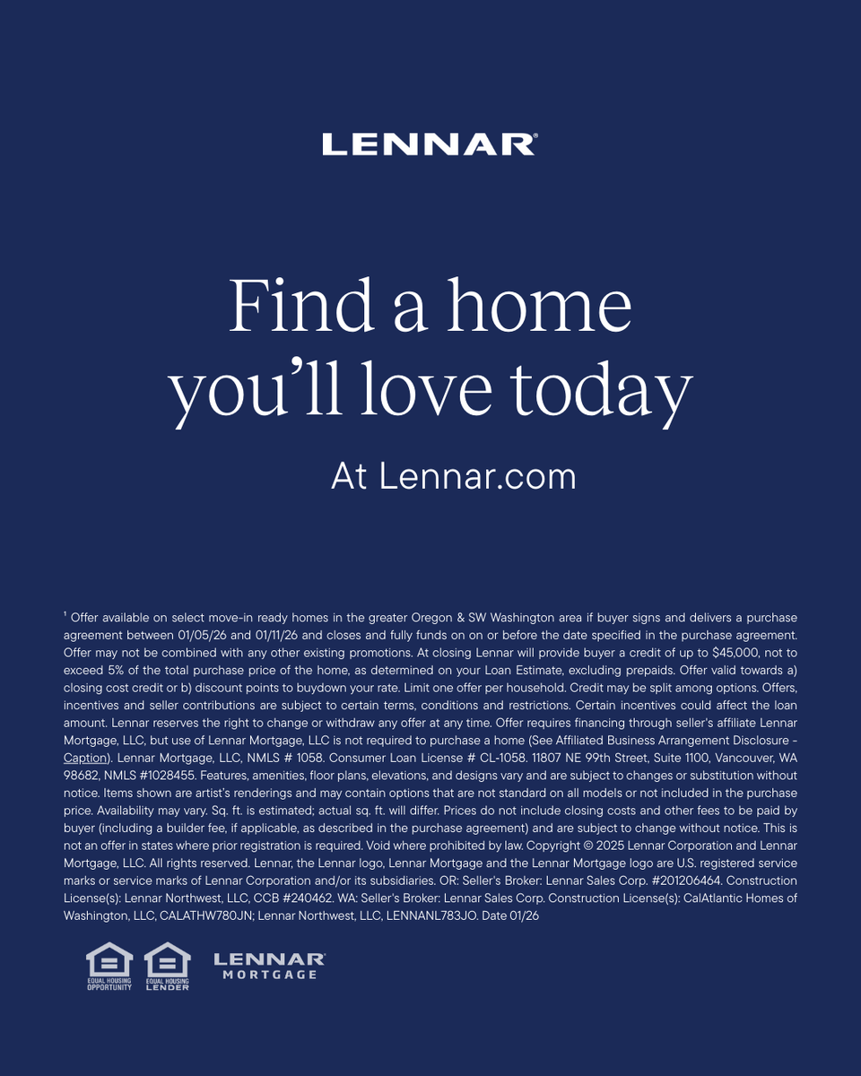 LennarPortland's tweet photo. 🎉 Start the year in a new home - schedule your tour today! 🏡

Contact us today to start your new home search in Oregon &amp; SW Washington. 
📞 855-768-1675
🔗 https://t.co/tRR1aajv8I https://t.co/ni43bvmhi8