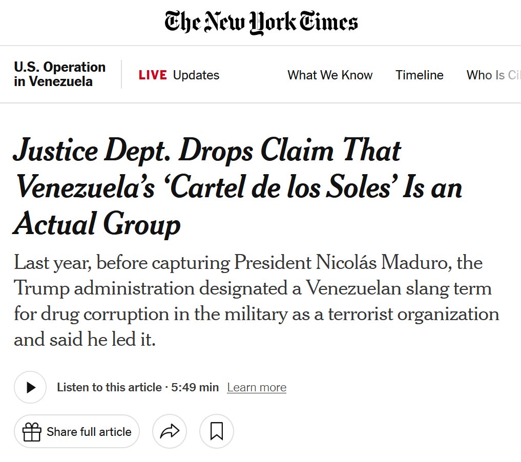 AlanRMacLeod's tweet image. Unbelievable. After months of propaganda claiming Maduro is the head of the dangerous drug-smuggling cartel, the US government has admitted it was all a ruse in order to kidnap a sitting head of state.