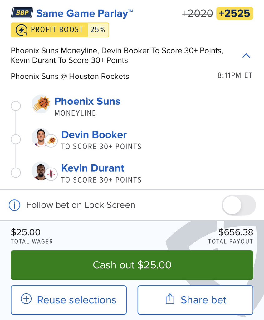 G0LDIELOCKS1's tweet image. Suns vs Rockets 🌵🚀

Parlay locked in +2525
💥 25% BOOST applied

Value spotted. Let it ride.

#NBA #Parlay #Boosted #GamblingX