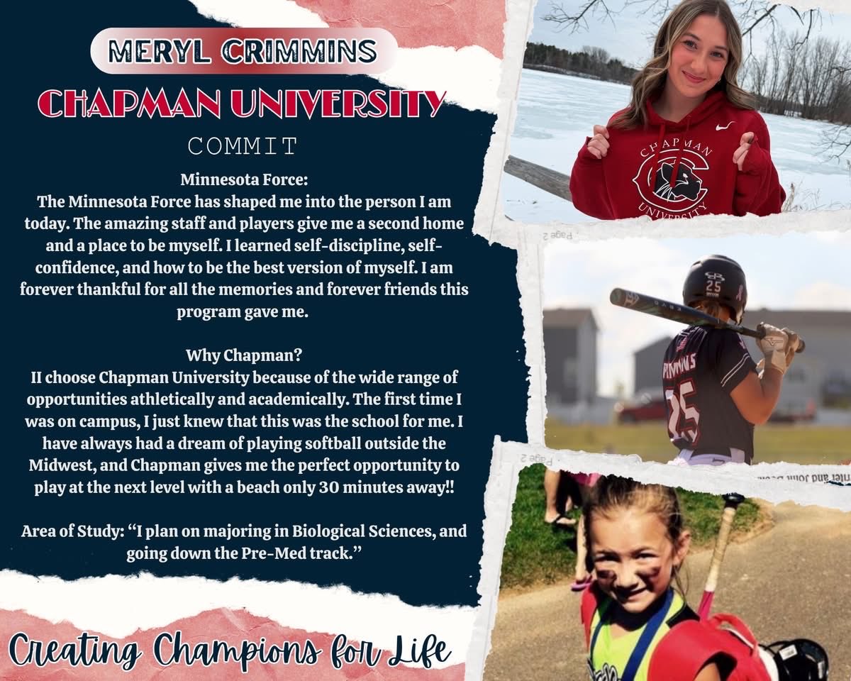 ForceSoftballMN's tweet image. Congratulations to Meryl Crimmins on her recent commitment to Chapman University!

We are so proud of you &amp;amp; your pursuit of athletic and academic excellence. We can’t wait to follow you as you continue this journey at the collegiate level! 🥎
￼
#CreatingChampionsForLife