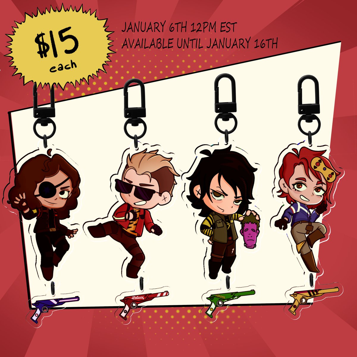 ItsMaybeMason's tweet photo. KILLJOY ACRYLIC KEYCHAINS 
These will be on sale Tomorrow at 12PM EST and will be available until january 16th
I'm giving away two keychains! To enter all you have to do is  
-RT
-Tag whoever you'd bring to a danger days tour
I'll be picking a winner on the 10th 
#MCRfanart 
🔗👇 https://t.co/T6Qst9hnKX