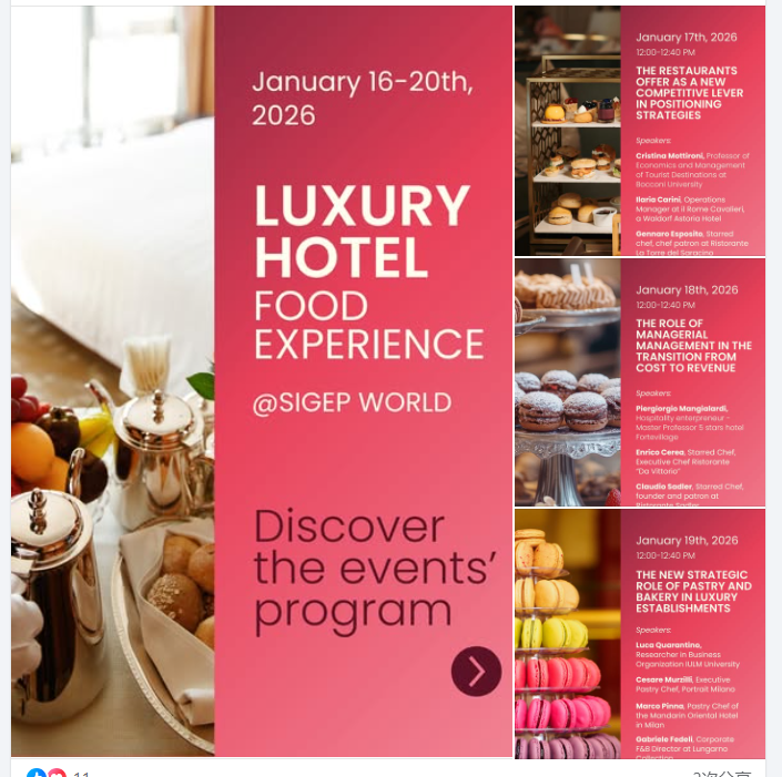 SEE YOU THERE!!!
Less than 2 weeks to the 47th edition of SIGEP WORLD​! 
✨Deep dive into the Luxury Hotel Food Experience!​

16-20 January 2026​
Rimini Expo Centre, Italy​

#SIGEPWorld #sigep #IEGexpo ​
#gelato #pastry #choco #bakery #pizza #coffee