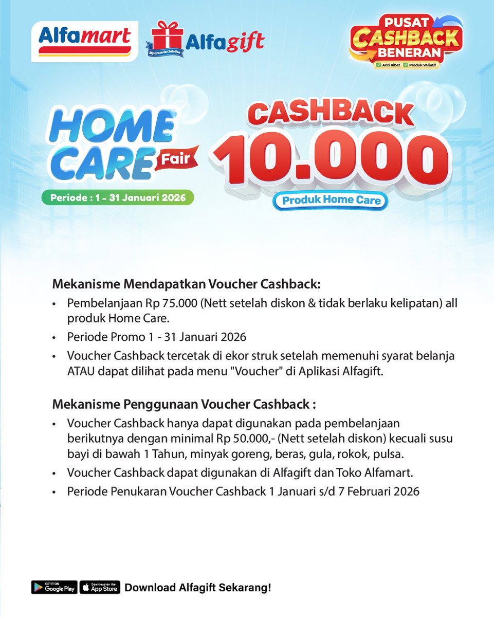💥 Murahnya kebangetan! 😍 Harga spesial + Cashback Rp10.000 di Home Care Fair Alfamart!⁣

Periode Cashback : 01 - 31 Januari 2026