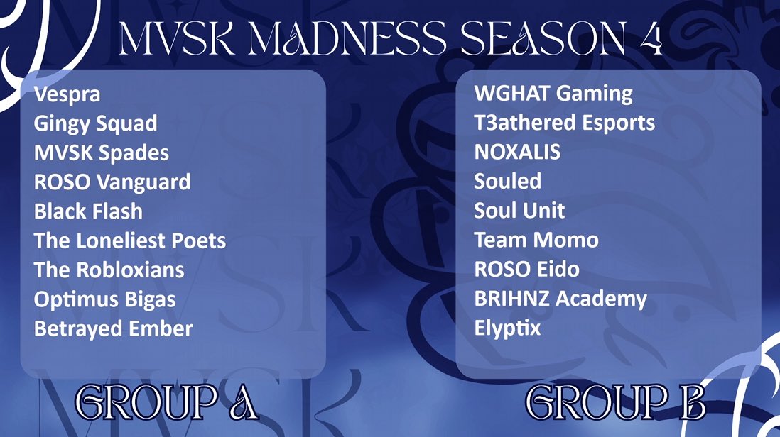 OUR GROUP DRAW FOR SEASON 4 IS DONE!!!

Join us starting January 12th to watch these teams battle it out for a spot in playoffs! 

#MVSKUP #MVSKMADNESS