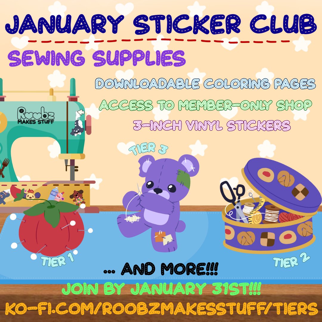 Let's get making!
Sewing has been such an integral part of my life ever since childhood and now I want to share that love through stickers!
It's honestly surprising how long it took me to have sewing as a Sticker Club theme lol

Join the Sticker Club ~ ko-fi.com/roobzmakesstuf…