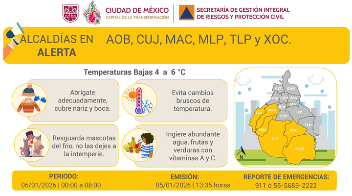 AztecaNoticias's tweet photo. 🥶 Frío para los Reyes Magos 

Se activa Alerta Amarilla por bajas temperaturas en las alcaldías Álvaro Obregón, Cuajimalpa, Magdalena Contreras, Milpa Alta, Tlalpan y Xochimilco.  ❄️ 

Entre las 0:00 y las 8:00 horas del martes 6 de enero se pronostican de 4 a 6 grados: SGIRPC https://t.co/oc21jCeyTk
