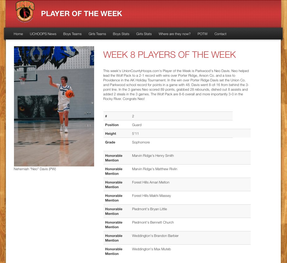 The UCHoops Boys Player of the Week for Week 8 is Parkwood's Neo Davis!
<a href="/CoachCeeWill/">Chance' Williams</a> <a href="/neodavis_02/">Nehemiah Davis</a> <a href="/PWHSSports/">Parkwood High School Athletics</a> <a href="/ParkwoodHSNC/">Parkwood High School</a> 
UnionCountyHoops.com